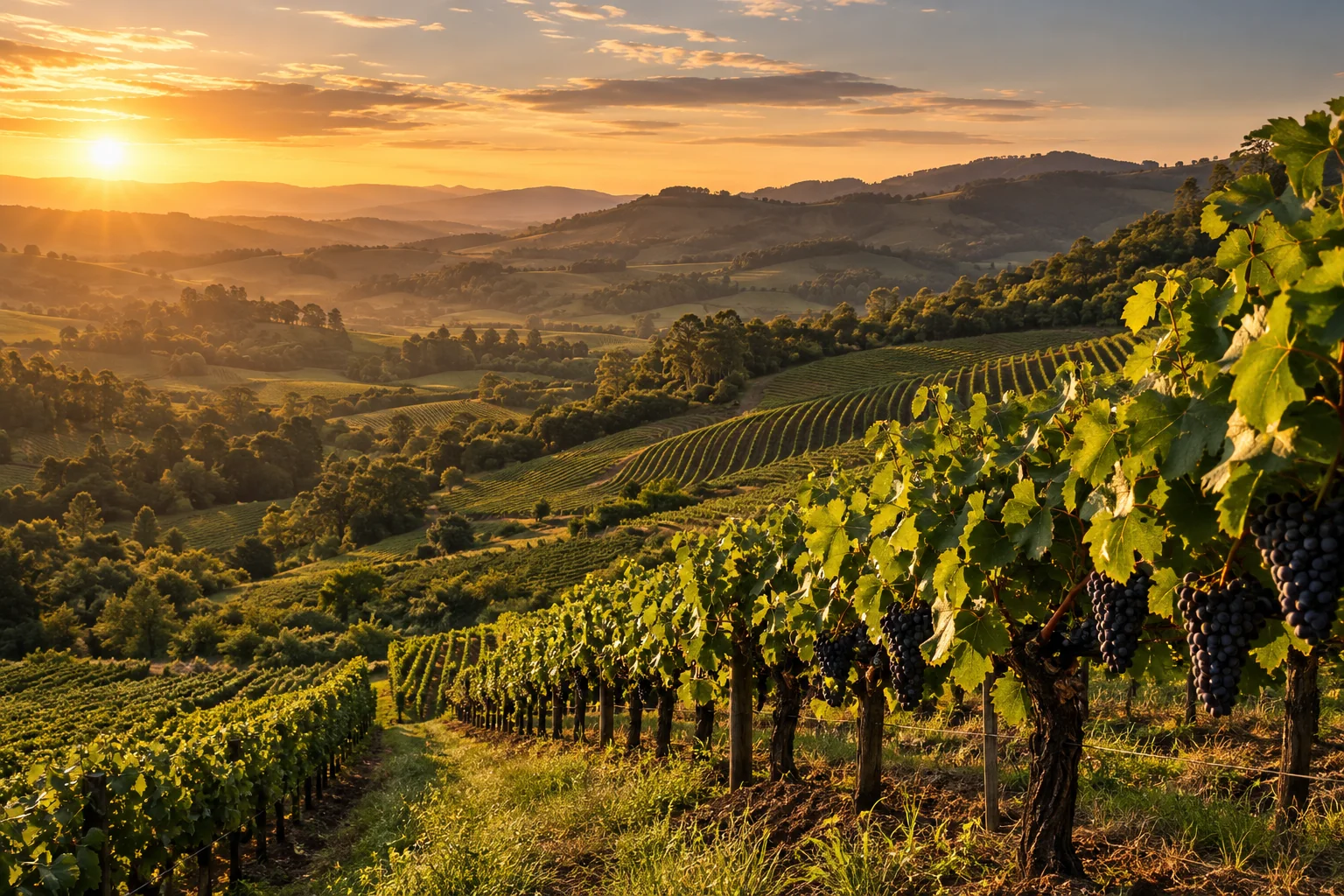 Paisagem ilustrativa de vinhedos entre colinas à luz do entardecer